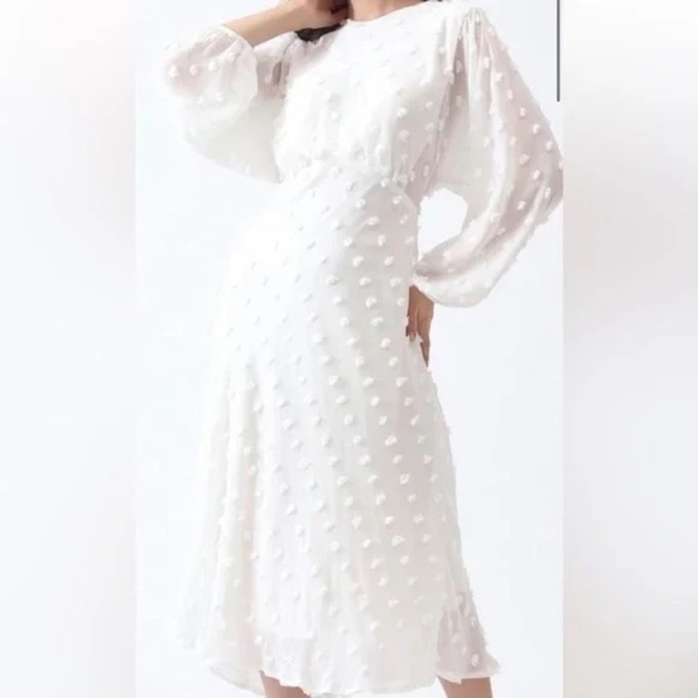 Chicwish White Textured Midi Dress with Puff Sleeves